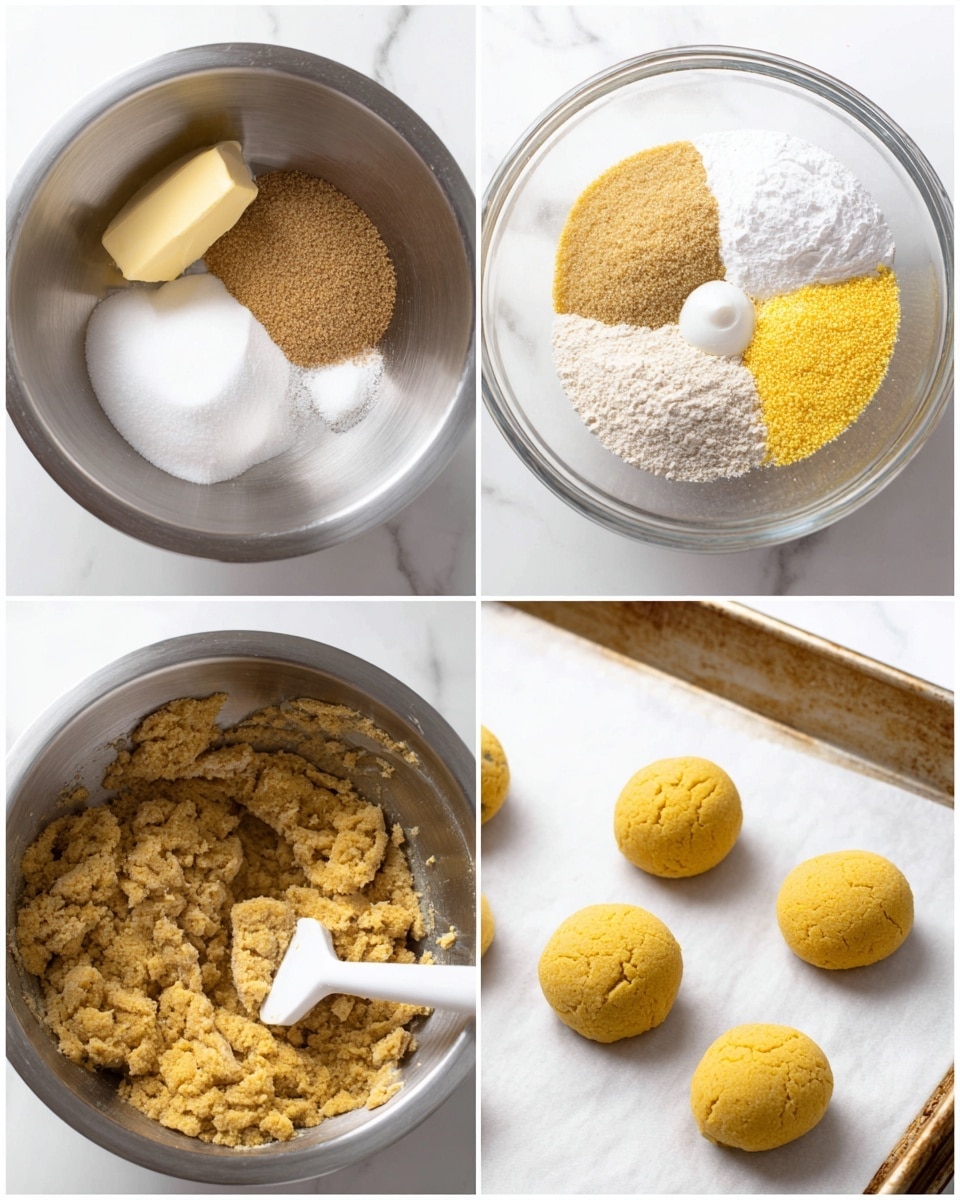 The image shows four photos arranged in a grid of a baking process on a white marbled surface. The top left photo shows a metal bowl filled with layers of ingredients: white sugar at the bottom left, brown sugar on top and to the right in a crumbly mound, a block of butter with a smooth pale yellow color at the bottom left, and a dollop of white substance beside the brown sugar. The top right photo has a clear glass bowl with four dry ingredients arranged in sections: yellow cornmeal filling half the bowl, pale beige flour next to it, white baking powder or similar powder on the bottom right, and some salt next to the flour. The bottom left photo shows the metal bowl again now with all ingredients mixed into a crumbly dough texture in pale golden brown, and a white spatula mixing it. The bottom right photo has four small, round dough balls in bright yellow on white parchment paper placed on a baking sheet, spaced evenly apart. photo taken with an iphone --ar 4:5 --v 7