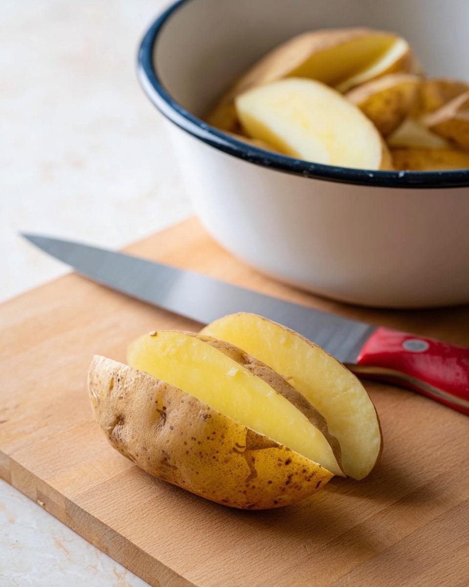 The image shows a yellow potato sliced into four thick wedges, placed on a wooden cutting board. The potato skin is brown and slightly rough, while the inside is pale yellow with a smooth texture. Behind the potato, there is a large white bowl with a black rim filled with more potato wedges. To the left of the potato, a large kitchen knife with a red and gray handle lies flat on the cutting board. The whole scene is set on a white marbled surface. Photo taken with an iphone --ar 4:5 --v 7