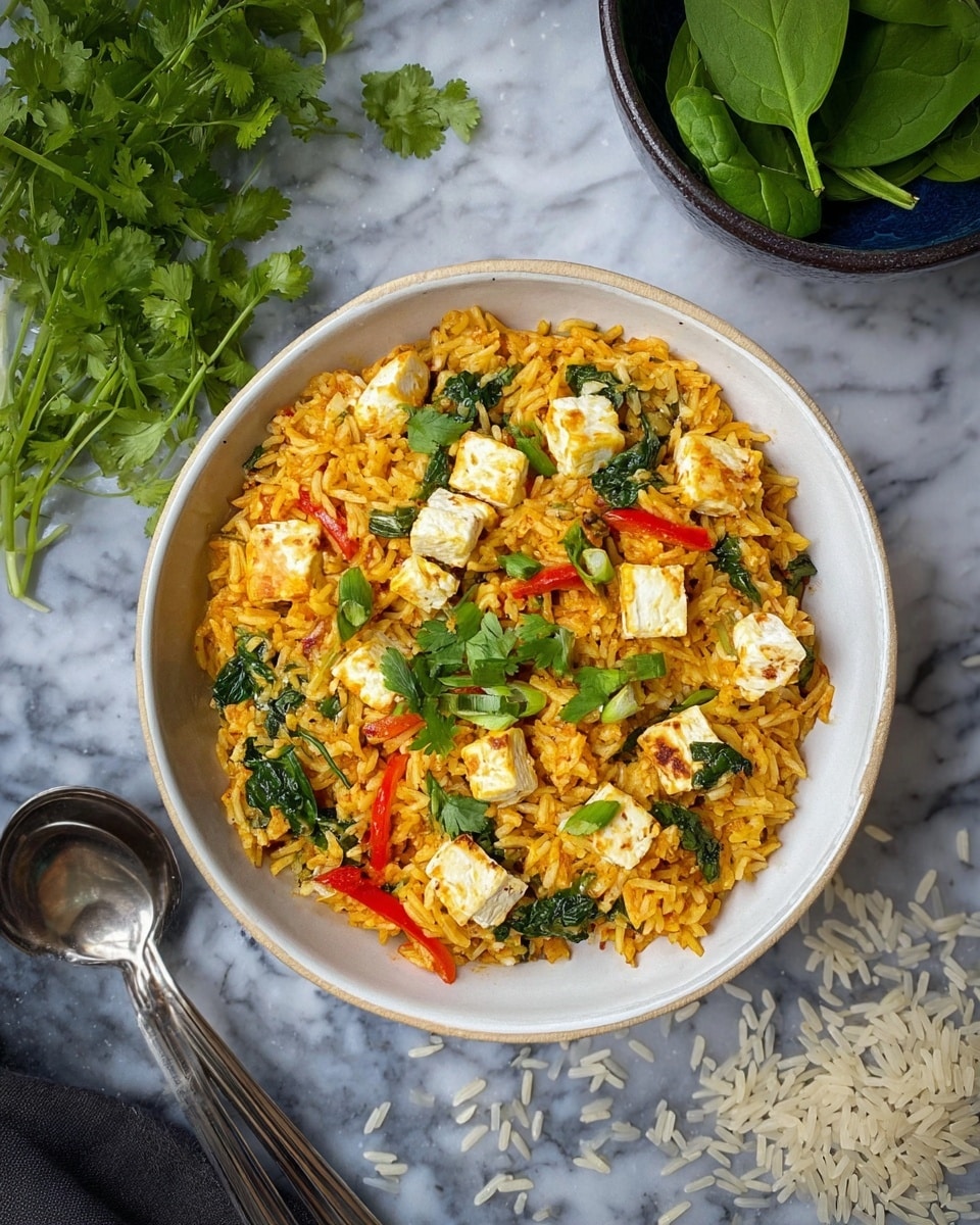 A bowl filled with a colorful rice dish is shown, with three main layers. The bottom layer is long-grain yellow-orange rice, soft and mixed well with small bits of cooked onion. The middle layer has evenly spread bright green spinach leaves and thin strips of red bell pepper that add a fresh look. The top layer has small cubes of golden brown paneer cheese scattered all around, with some fresh green coriander leaves sprinkled over for garnish. The bowl is white and placed on a white marbled surface with scattered grains of uncooked rice, a bunch of fresh cilantro, and a bowl of fresh spinach nearby, along with two metal utensils resting to the side. Photo taken with an iphone --ar 4:5 --v 7