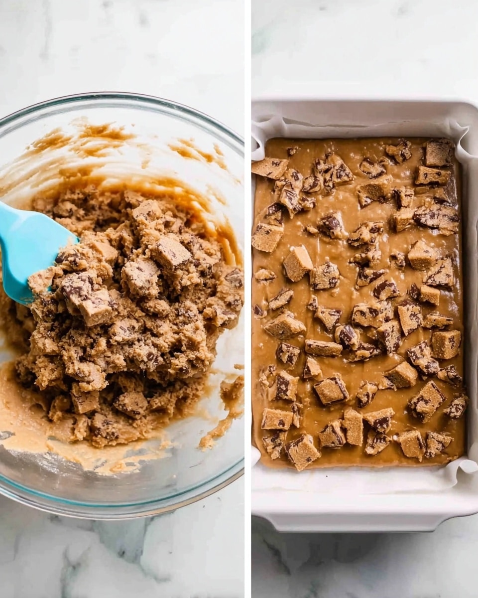 The image shows two views of a baking process with cookie dough mixed with broken cookie pieces. On the left, the dough is in a clear glass bowl with a light blue spatula, the dough looks thick and brown with chunks of cookies mixed inside. On the right, the dough has been spread out evenly in a white baking dish lined with parchment paper, with cookie pieces scattered evenly on top and pressed into the dough. The dough surface appears smooth and shiny with a golden brown color. The background is a white marbled texture. Photo taken with an iphone --ar 4:5 --v 7