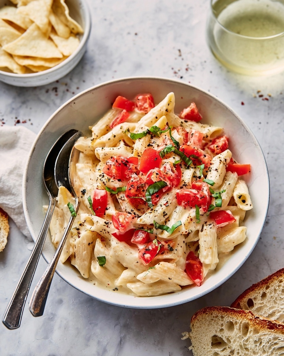 A white bowl filled with creamy penne pasta as the bottom layer, creamy sauce visibly coating the pasta with a smooth texture, topped with bright red chopped tomatoes and green basil pieces scattered evenly on top, sprinkled lightly with black pepper flakes. Two silver spoons rest inside the bowl on the left side. The bowl is placed on a white marbled surface. In the background, there is a small white bowl with thin, pale-colored chips and a glass of pale yellow drink. A piece of sliced bread sits to the right side of the main bowl. photo taken with an iphone --ar 4:5 --v 7