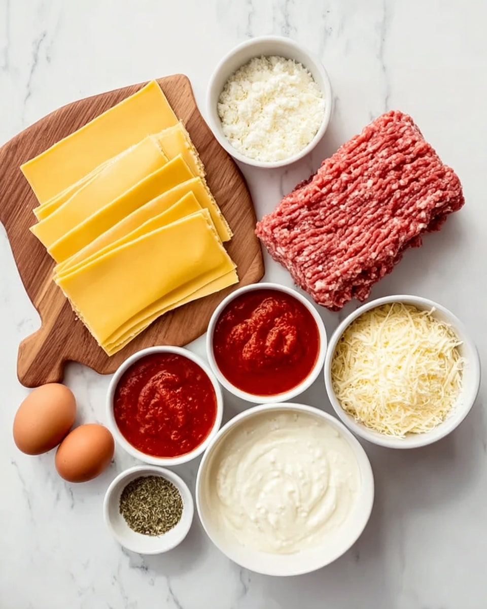 The image shows ingredients arranged on a white marbled surface for making a layered pasta dish. There is a wooden board holding five yellow lasagna sheets stacked slightly overlapping each other on the left side, and a white bowl with a creamy white sauce on the right side of the board. Around the board, there are small white bowls with red tomato sauce, finely grated cheese, grated mozzarella, and mixed dried herbs. Two brown eggs and a white bowl with a large block of raw ground meat sit on the top area. The overall colors are warm yellows, reds, and whites with a clean, simple layout. Photo taken with an iphone --ar 4:5 --v 7