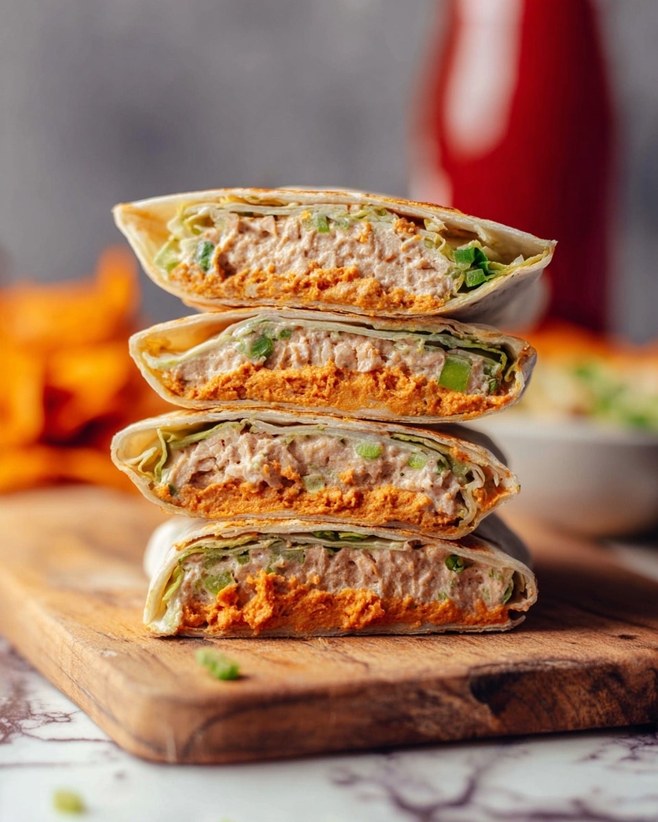 The image shows a stack of four folded wraps with two visible layers inside each. The top layer in each wrap is creamy and light brown with small green pieces mixed in, while the bottom layer is bright orange and textured, appearing to be a spread or mash. The wraps are placed on a wooden board with a blurred background featuring a red bottle and an orange snack. The surface below the board has a white marbled texture. photo taken with an iphone --ar 4:5 --v 7