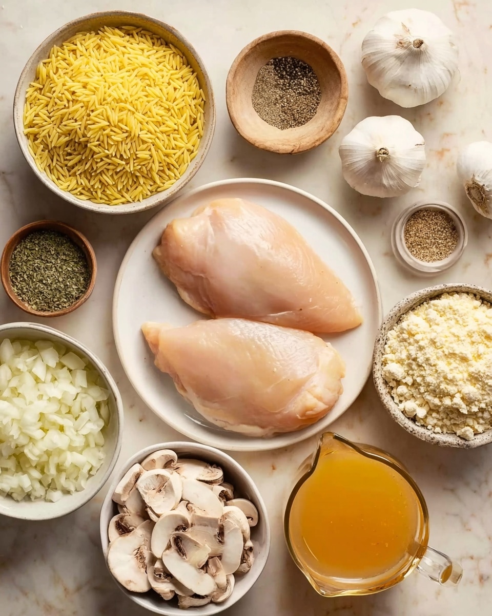 The image shows a clean white plate with three raw chicken breasts in the center. Around the plate, there are several white bowls and small containers on a white marbled surface: one bowl holds yellow orzo pasta, another bowl is filled with light yellow shaved cheese, a small brown bowl contains minced garlic, and another small bowl has green dried herbs. There is a bowl with finely chopped white onions, a bowl filled with sliced white and brown mushrooms, a small bowl of seasoned black pepper, and a small bowl of light yellow sauce or dressing. A clear glass jug with orange-colored broth or stock sits in the bottom right corner. Two heads of garlic are placed on the top right. photo taken with an iphone --ar 4:5 --v 7