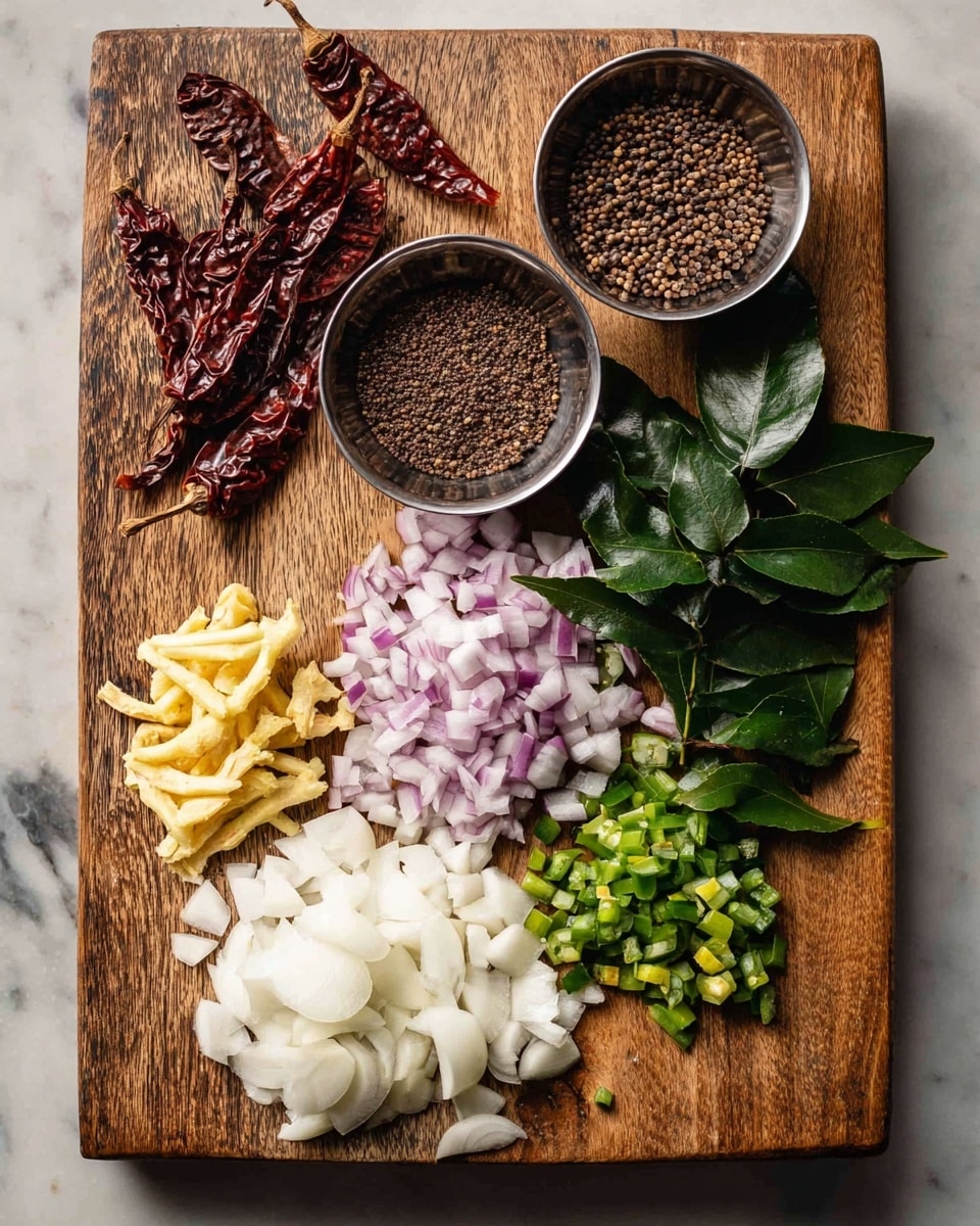A wooden cutting board rests on a white marbled surface, holding several neatly arranged ingredients. In the top left are three dried red chilies and two smaller dried red chilies. Next to them, two small stainless steel bowls contain brown cumin seeds and black mustard seeds. At the top right corner, fresh dark green curry leaves are spread out. Below, finely chopped white and purple onions form a small mound, while at the bottom left, sliced white garlic cloves, thin yellow ginger sticks, and small pieces of chopped green chili peppers are grouped side by side. The image is well-lit with natural light, showcasing the textures and colors clearly. photo taken with an iphone --ar 4:5 --v 7