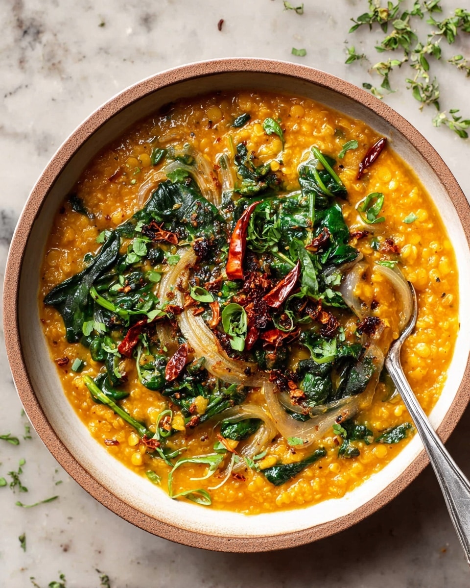 A deep white bowl filled with a thick bright orange lentil stew as the base layer. On top, there is a mix of wilted dark green spinach leaves, light browned onion slices, dried whole red chilies, and fresh green herbs sprinkled all over. A silver spoon rests on the right edge of the bowl, lightly dipped into the stew. The bowl sits on a white marbled surface with tiny bits of green herbs scattered nearby. The colors are warm and earthy, creating a vibrant and fresh look. photo taken with an iphone --ar 4:5 --v 7