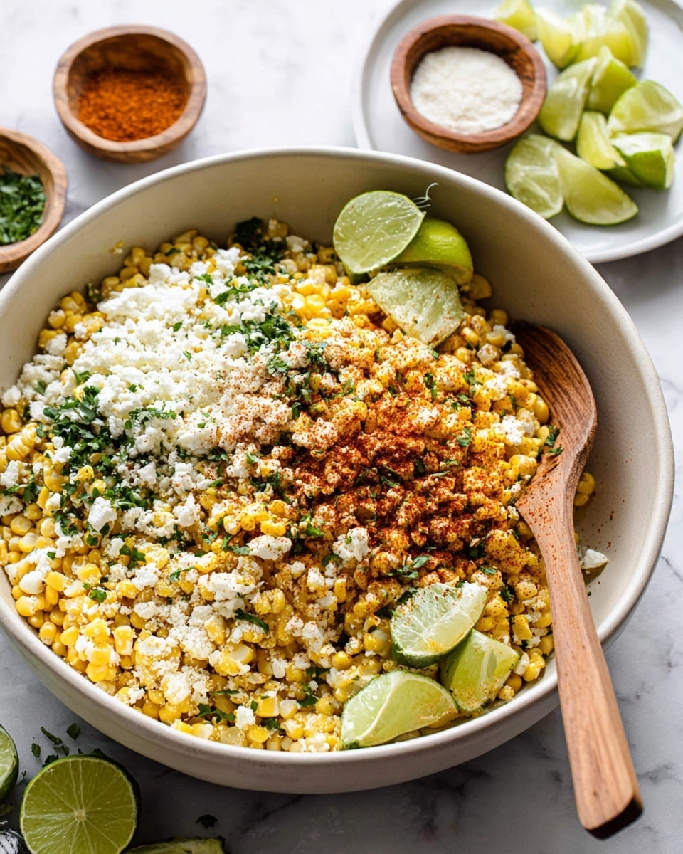 A close-up of a white bowl filled with creamy pasta mixed with corn pieces, topped with crumbled white cheese and sprinkled with finely chopped green herbs and a light red spice. There are three lime wedges resting on the left side of the bowl. A wooden spoon is scooping the mixture from the right side. In the background, there are elements of a wooden spoon with white cheese and a white plate with lime wedges on a white marbled surface. Photo taken with an iphone --ar 4:5 --v 7