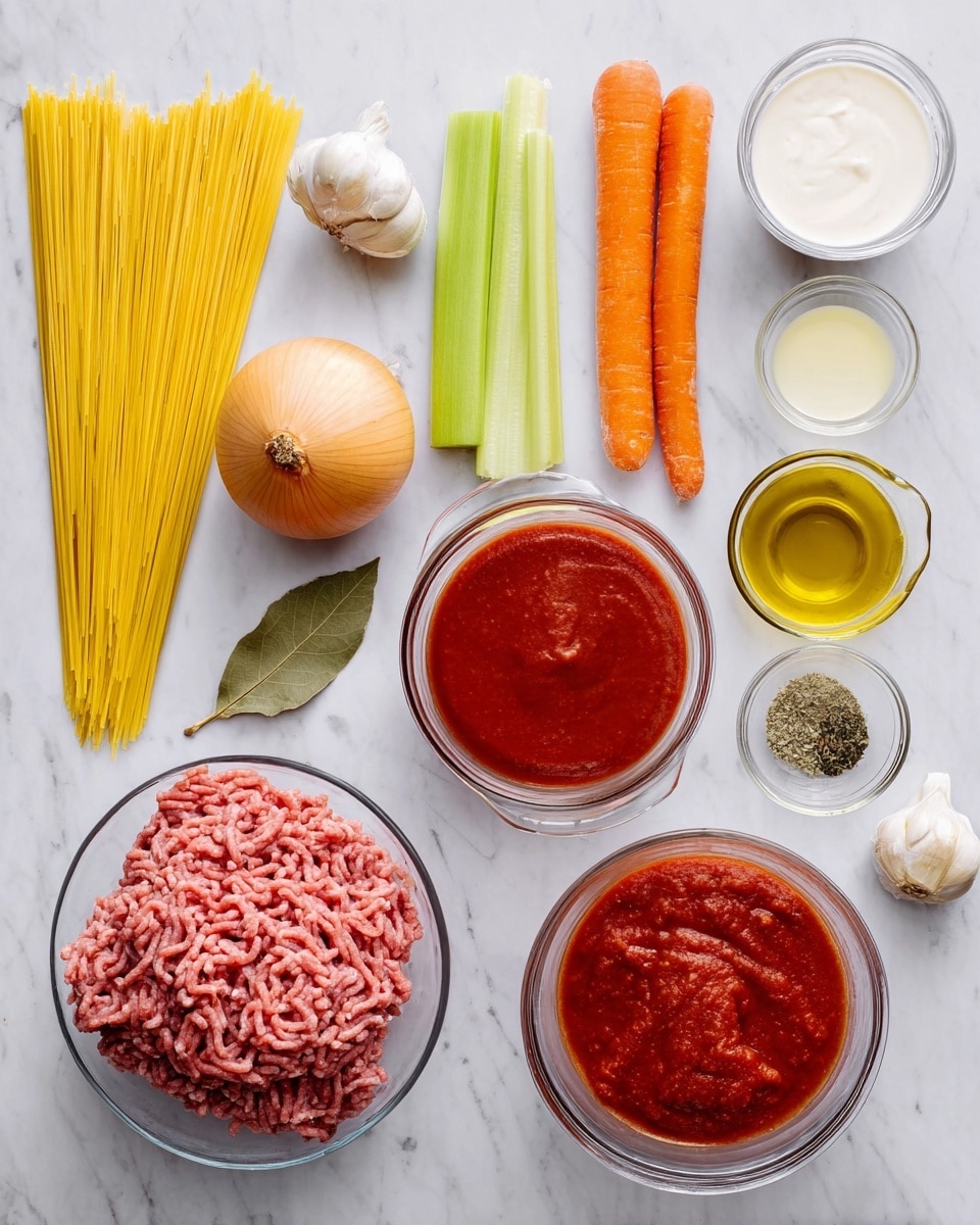 The image shows various ingredients arranged neatly on a white marbled surface. There is a bundle of uncooked yellow spaghetti on the left, next to two whole orange carrots and three light green celery sticks placed vertically. A whole light brown onion is near the center, alongside a glass bowl filled with rich red tomato sauce and another smaller glass bowl containing red tomato paste. A larger glass bowl holds raw ground meat with a pinkish tone. There are also small glass containers with white cream, golden olive oil, a bay leaf, a mix of dried herbs, and a blend of spices including salt and pepper. Two cloves of garlic rest near the carrots. The overall setup is clean and organized, showing fresh and colorful ingredients ready for cooking photo taken with an iphone --ar 4:5 --v 7