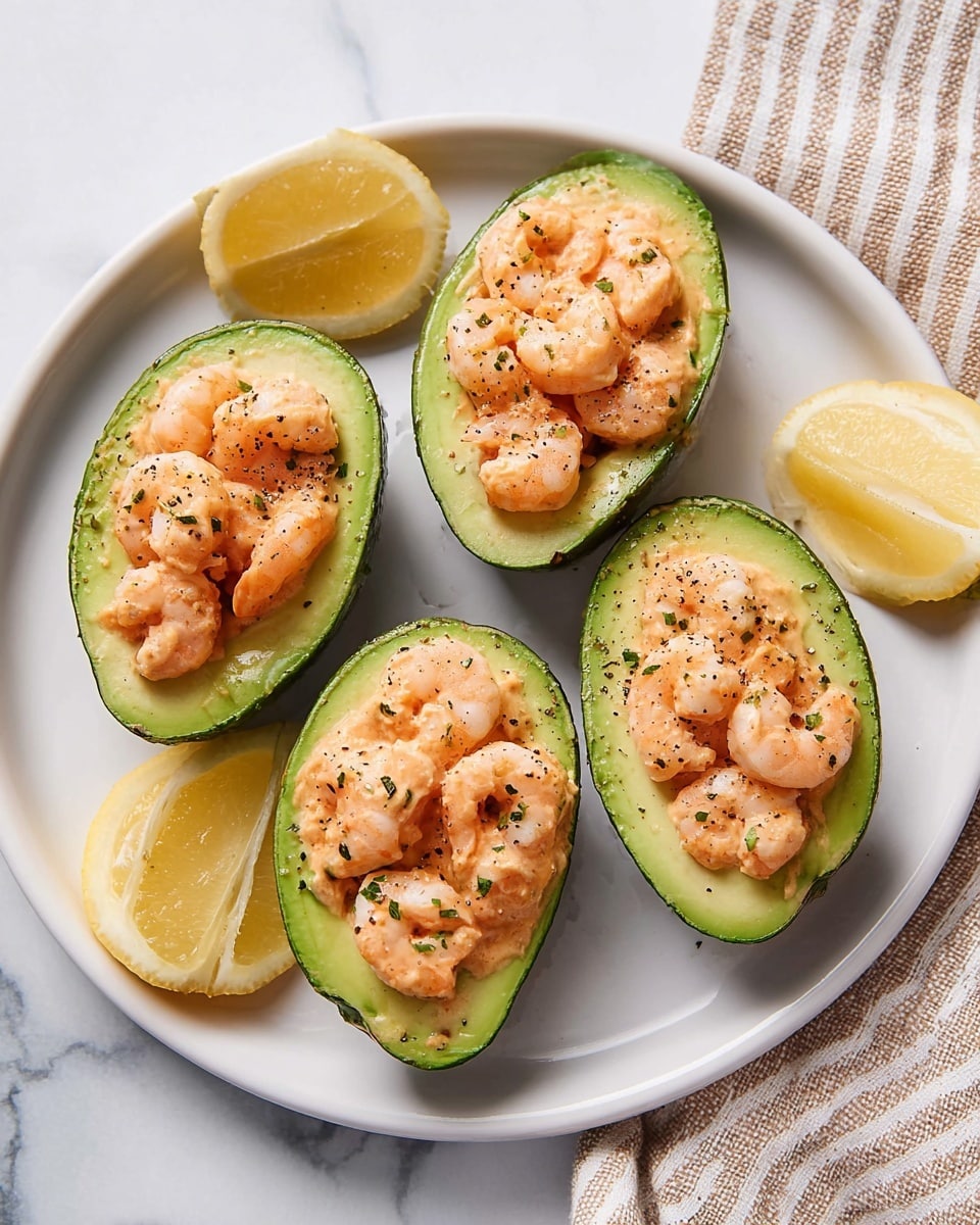 Four avocado halves are placed on a white plate, each filled with a creamy orange shrimp mixture. The shrimp are small and coated in a light sauce with black pepper sprinkled on top. There are three lemon wedges arranged on the plate beside the avocado halves. The plate sits on a white marbled surface with a beige and white striped cloth partially visible on the right side. photo taken with an iphone --ar 4:5 --v 7