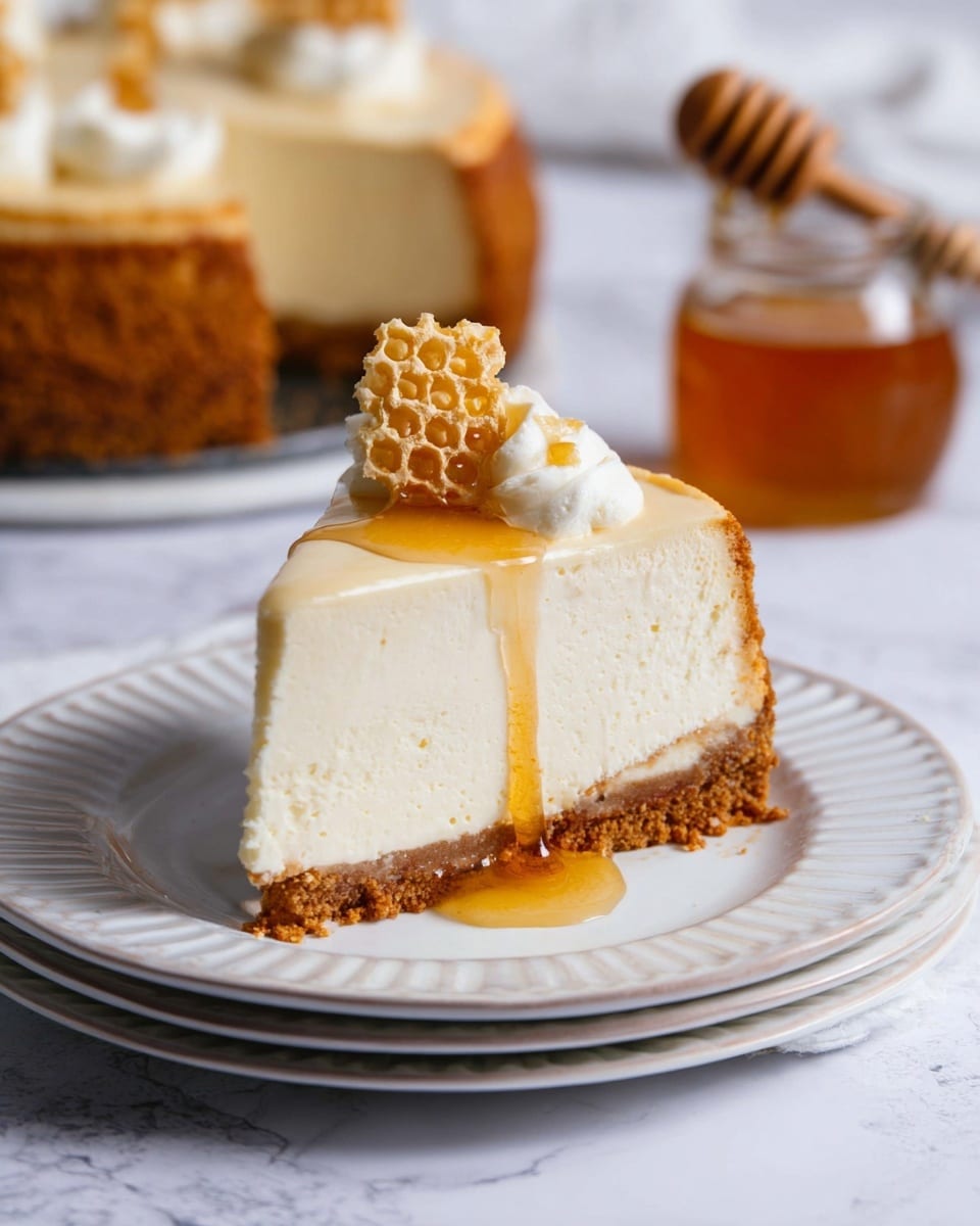 A single slice of creamy cheesecake with three layers is on a white plate with a slightly raised edge, which is placed on another white plate with a decorative rim. The bottom crust layer is crumbly and golden brown, thick and textured. The middle layer is smooth and pale cream-colored cheesecake, thick and dense. On top is a thin, smooth layer of white cream with a glossy honey glaze dripped over it, running down the side of the slice. A small piece of honeycomb-shaped white chocolate decorates the top edge. The background is a white marbled texture with a blurred full cheesecake and a jar of honey with a wooden dipper in the distance. Photo taken with an iphone --ar 4:5 --v 7