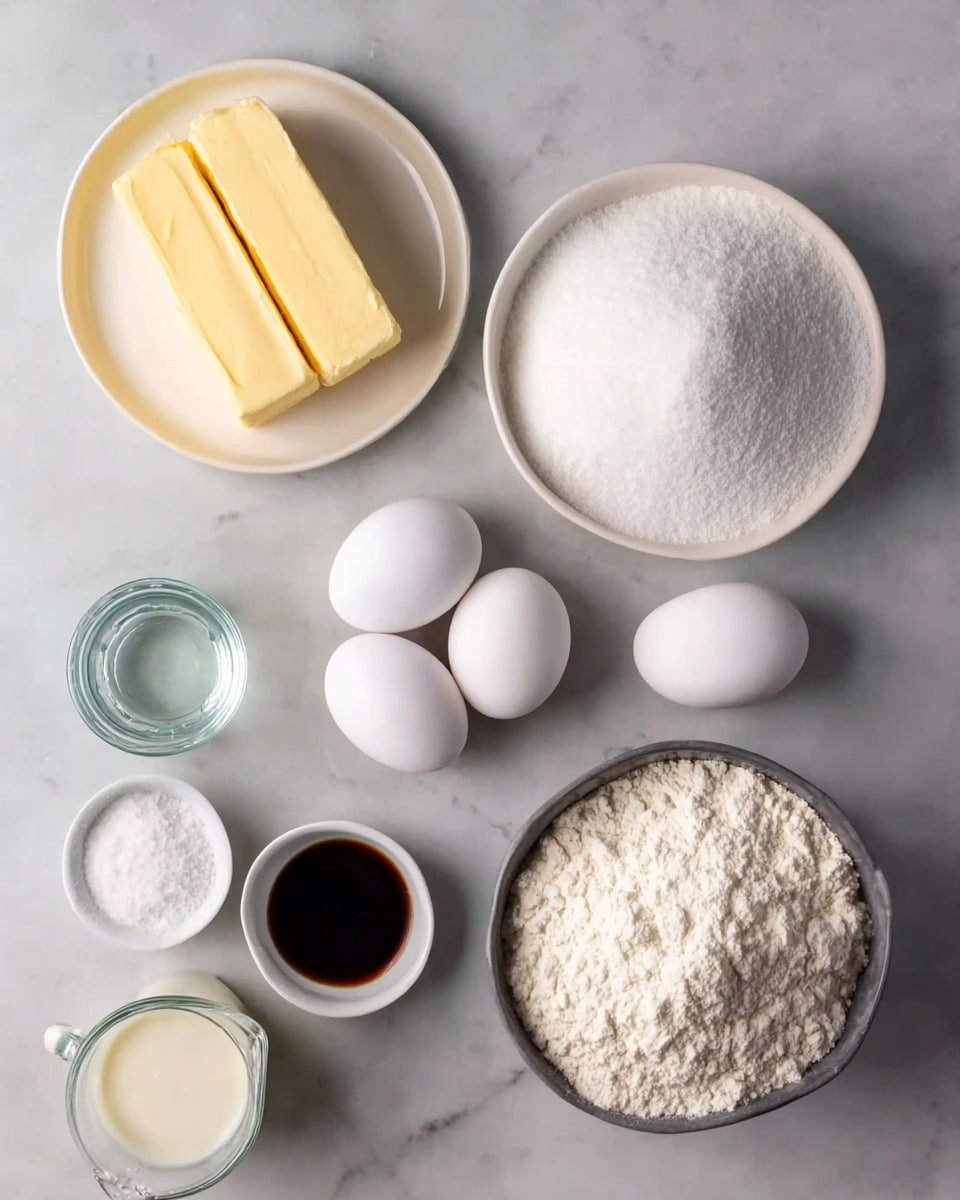 The image shows eight ingredients neatly arranged on a white marbled surface. There are two sticks of pale yellow butter placed side by side on a small white round plate in the top left corner. Next to it is a larger white bowl filled with fine white sugar. Below the sugar are four white eggs arranged in a diamond shape directly on the marble. Near the eggs is a small glass container filled with a clear liquid. Below the eggs are three small white bowls, one containing a white powder, another with coarse salt, and a third with a dark brown liquid, likely vanilla extract. To the right, there is a larger white bowl filled with white flour. In the bottom part of the image, there is a small glass measuring cup filled with milk. The whole setup is clean and simple. Photo taken with an iphone --ar 4:5 --v 7