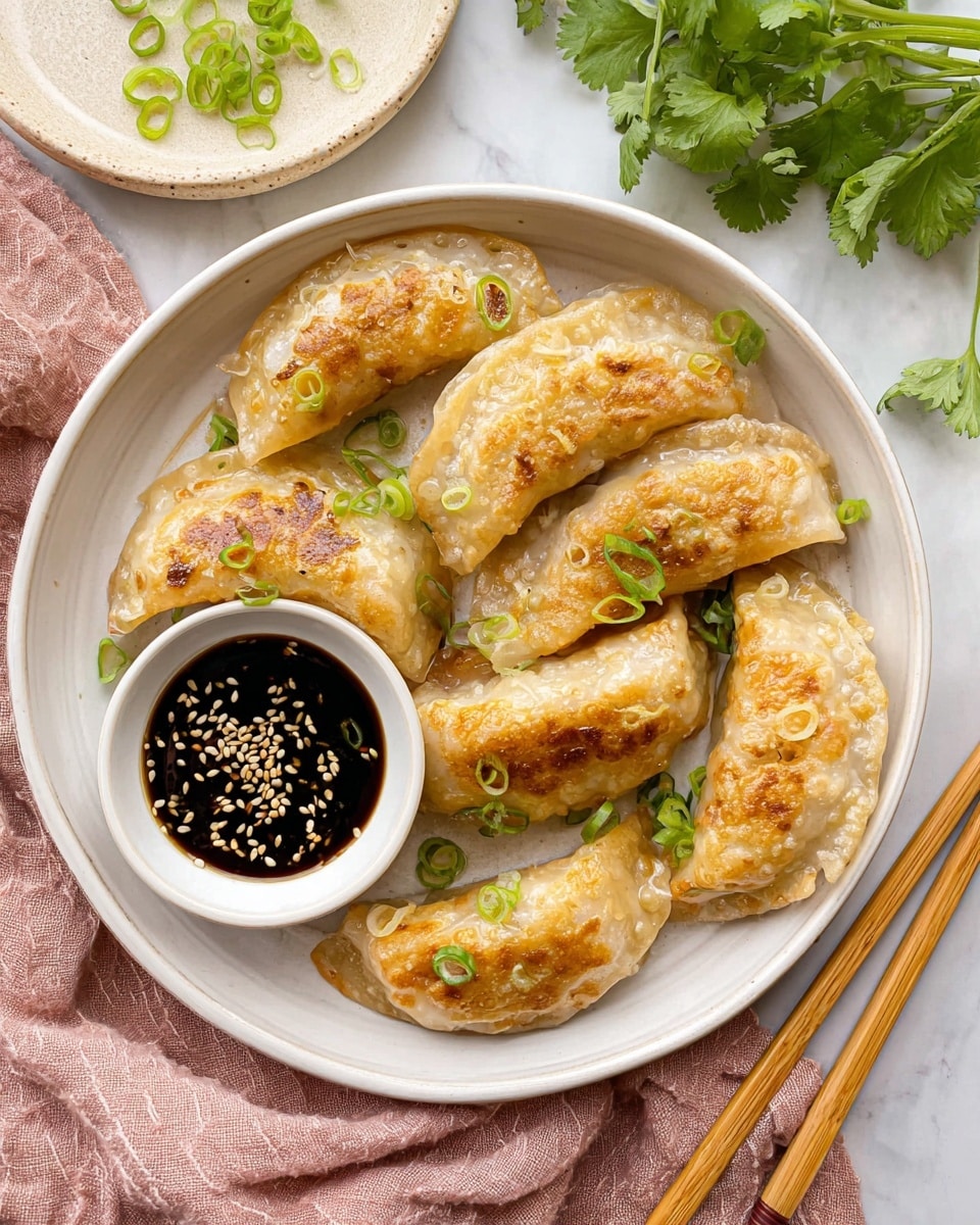 A white bowl filled with seven golden-brown fried dumplings arranged in a circular pattern, sprinkled with green sliced scallions. On one side of the bowl, there is a small white round dish holding dark soy sauce topped with beige sesame seeds. The bowl is placed on a white marbled surface next to light bamboo chopsticks and a beige plate with fresh green cilantro. A pink cloth napkin is partially visible under the bowl. Photo taken with an iphone --ar 4:5 --v 7