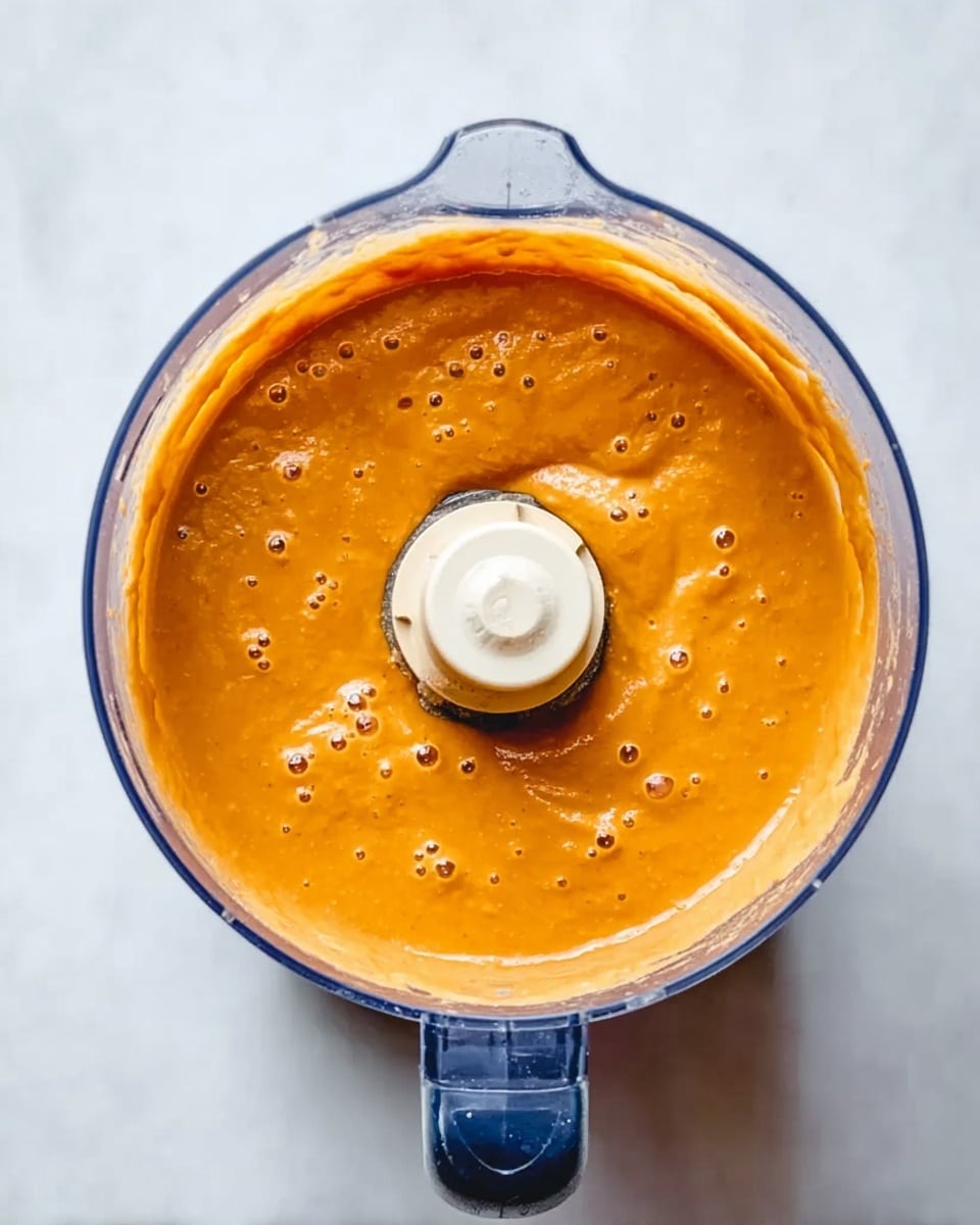 The image shows a top view of a food processor filled with a smooth, thick orange sauce. The sauce has a creamy texture with small bubbles on the surface and coats the sides of the transparent bowl evenly. The central spinning blade is visible in the middle, surrounded by the sauce, and the base of the food processor is a mix of blue and white colors. The whole setup is placed on a white marbled surface. photo taken with an iphone --ar 4:5 --v 7