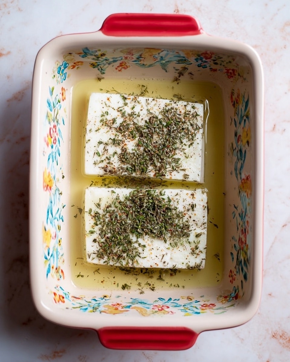 The image shows two large white rectangular blocks placed side by side in a white baking dish decorated with colorful floral patterns on the sides and red handles. The blocks are topped with a sprinkle of mixed herbs and black pepper, giving a speckled green and black detail across their surfaces. They sit in a light yellowish liquid that covers the bottom of the dish. The background is a white marbled texture. Photo taken with an iphone --ar 4:5 --v 7
