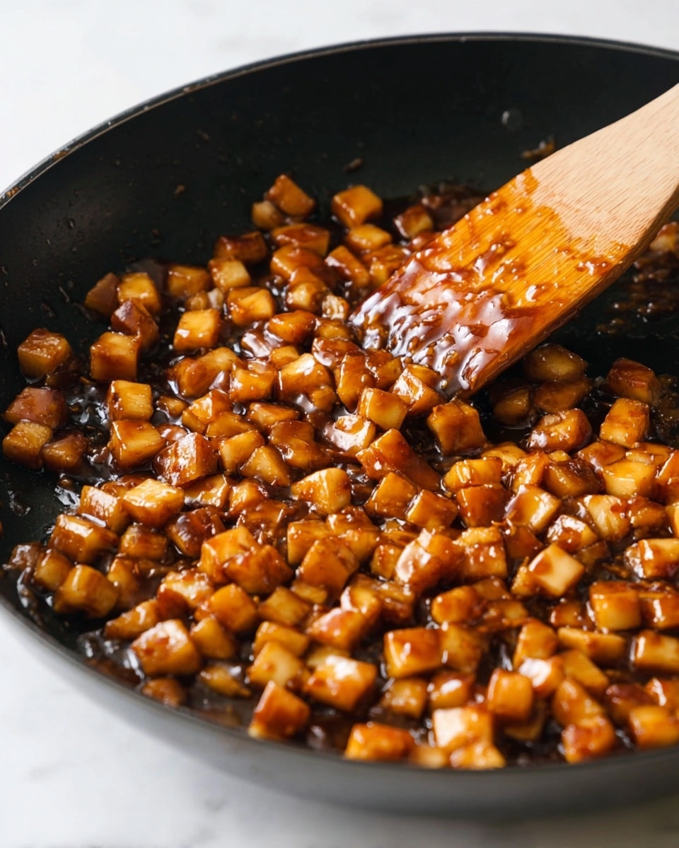 A close-up view of a skillet with many small, shiny, golden-brown cubes, cooked and glistening with a sauce that looks thick and sweet. The cubes cover the bottom of the black skillet, and there is a light wooden spatula stirring the mixture, with some sauce on its flat part. The skillet sits on a white marbled surface. photo taken with an iphone --ar 4:5 --v 7