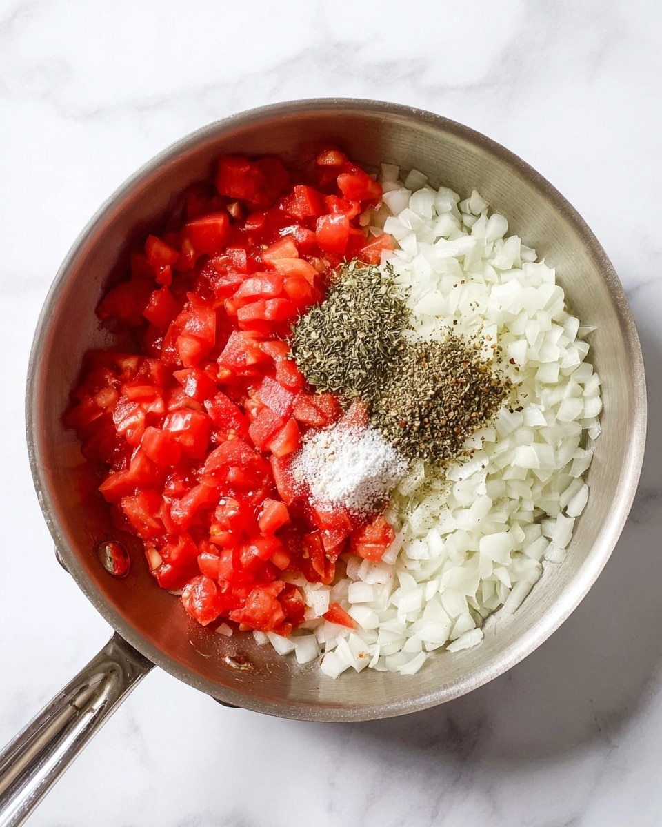 A stainless steel pan is placed on a white marbled surface, containing three main sections inside. On the left side, there are bright red diced tomatoes with a juicy and soft texture. The right side is filled with finely chopped white onions, looking fresh and slightly translucent. On top of the onions, there are two small piles of dry herbs and spices: one is a mix of green dried herbs, and the other is a combination of black pepper and white salt, both sitting clearly on the onion layer. The pan handle extends to the lower left corner. Photo taken with an iphone --ar 4:5 --v 7