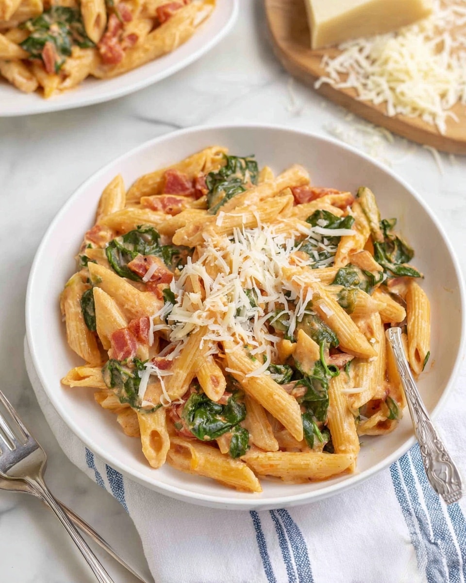 A white bowl filled with creamy penne pasta mixed with bright green spinach leaves and small chunks of red tomatoes, all coated in a light orange sauce. There is a generous layer of shredded white cheese sprinkled on top, adding texture and a bit of shine. The pasta pieces are slightly glossy, showing the creamy sauce clinging to their ridges. The bowl sits on a white marbled surface with another plate of the same pasta partially visible nearby. Shredded cheese and a small block of cheese lie on a wooden cutting board in the upper right corner. A fork rests on a white cloth with blue stripes on the lower right side. Photo taken with an iphone --ar 4:5 --v 7
