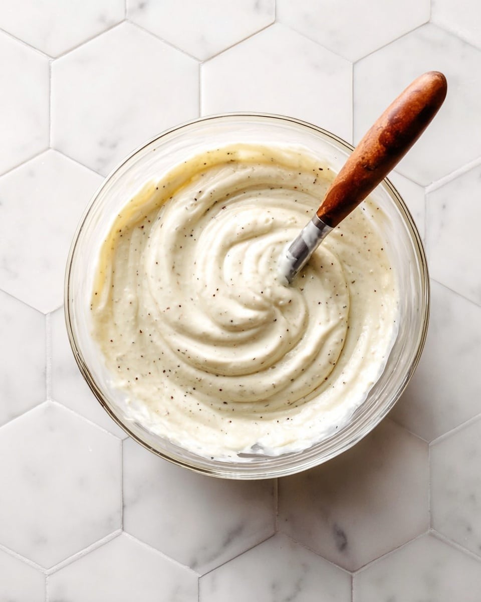 A clear glass bowl sits on a white marbled hexagonal tile surface, filled with a thick, creamy white sauce speckled with small black pepper dots, swirled evenly in spirals. A wooden-handled metal spreader rests inside the bowl, partially covered by the sauce, positioned from the bottom right edge into the center. The texture of the sauce is smooth and rich, with gentle peaks and folds visible from the swirling motion. Photo taken with an iphone --ar 4:5 --v 7