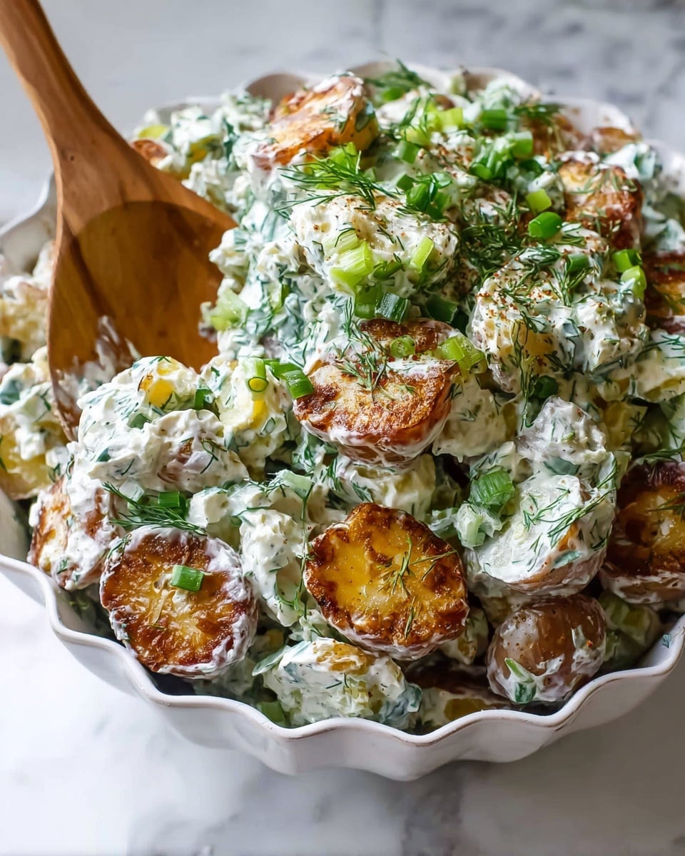 The image shows a white scalloped bowl filled with a layered potato salad. The bottom layer consists of browned, round potato slices with a crispy texture. The next layer is thick white creamy dressing mixed with chopped green herbs and small pieces of light green celery. The salad is garnished with finely chopped green onions and dill scattered on top. A wooden spoon is partly inserted into the salad from the left side of the bowl. The background surface is a white marbled texture. Photo taken with an iphone --ar 4:5 --v 7