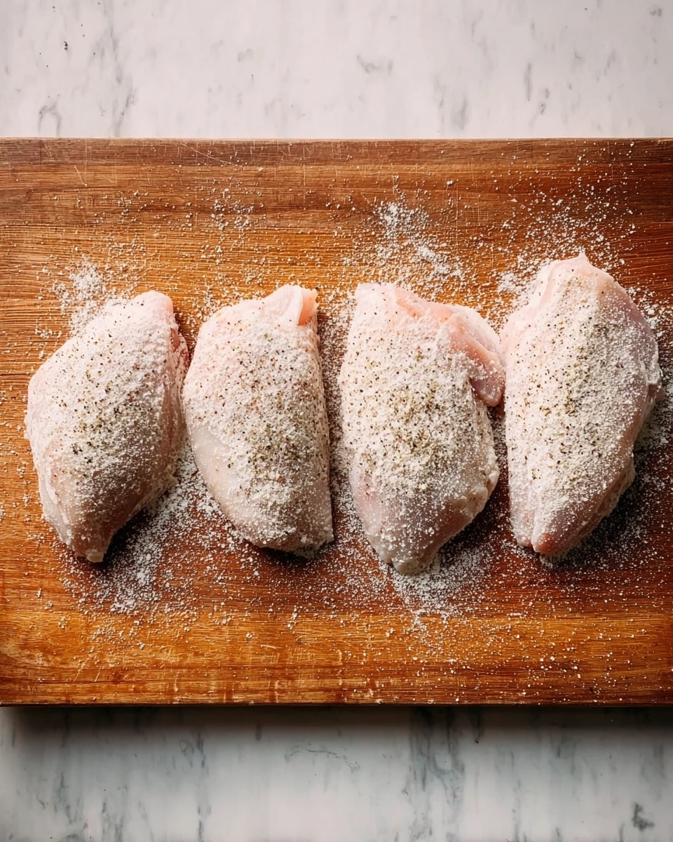 Four raw pieces of chicken covered evenly with white flour and black pepper are placed side by side on a wooden cutting board, which sits on a white marbled surface. The chicken pieces are spaced evenly in a neat row, showing the light pink color of raw meat under the flour dusting. The flour is scattered loosely around the chicken pieces on the board, creating a powdery texture. Photo taken with an iphone --ar 4:5 --v 7