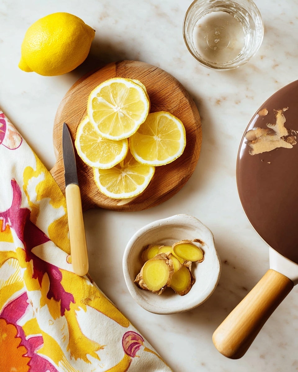 A white marbled surface holds a small wooden cutting board with six thin slices of bright yellow lemon layered in the center, next to a yellow whole lemon on the top left. A knife with a light brown handle lies partially on the cutting board. Below the board is a colorful cloth with patterns in yellow, red, and orange. To the right, there's a clear glass cup, and below it is a small white ceramic bowl holding thin slices of yellow ginger with brown edges. On the top right side, a brown pot with a white rim and wooden handle is partly visible. photo taken with an iphone --ar 4:5 --v 7