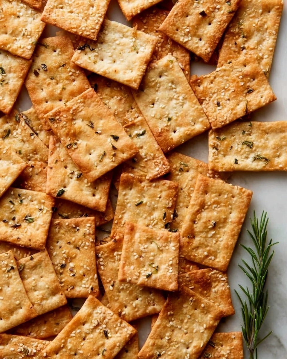 The image shows many small, thin, rectangular crackers with a golden-brown color. Each cracker has a slightly uneven surface texture and is topped with different seasonings including coarse salt, sesame seeds, and small green herb pieces. The crackers are spread out closely on a white marbled surface, with some overlapping. There is a small sprig of fresh green rosemary placed near the bottom right corner. The lighting highlights the crisp edges and crunchy texture of the crackers, making them look fresh and tasty. photo taken with an iphone --ar 4:5 --v 7