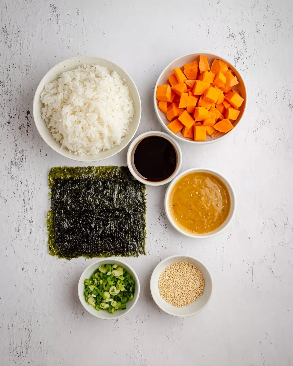 The image shows a flat lay of ingredients for a sushi dish on a white marbled background, featuring six items arranged neatly. There is a white bowl filled with plain white rice on the left side and a white bowl with small diced orange sweet potatoes on the right. Between these two bowls are four small white dishes placed vertically: on the top, a dark brown sauce with a slightly glossy texture, below it a creamy orange sauce, further down finely chopped green onions, and at the bottom a small dish of beige toasted sesame seeds. Toward the left center, next to the rice bowl, there is a single sheet of dark green nori seaweed. Photo taken with an iphone --ar 4:5 --v 7