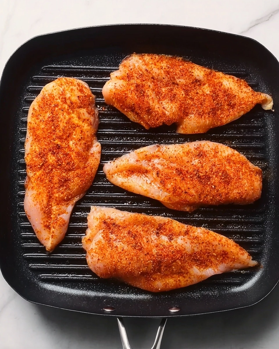 The image shows four raw chicken fillets placed evenly on a black grill pan with raised ridges. Each fillet is coated with a reddish-orange spice rub, giving a textured and slightly powdery look over the light pink flesh. The grill pan is set on a white marbled surface seen around the edges. The fillets vary in size and shape but are arranged neatly in a grid-like pattern. Photo taken with an iphone --ar 4:5 --v 7