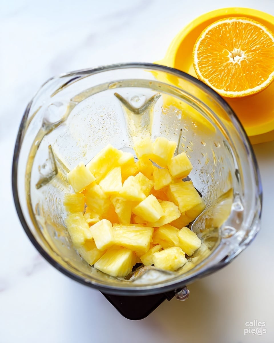 The image shows a clear glass blender jar filled with small yellow pineapple chunks inside, placed on a black base against a white marbled surface. To the top right of the blender, there is a yellow plastic citrus juicer holding half an orange with a bright orange peel and small juice droplets visible. The overall color palette includes the transparent glass with light shining through, yellow pineapple pieces, and the vibrant orange half, all set on a clean white marbled background. photo taken with an iphone --ar 4:5 --v 7