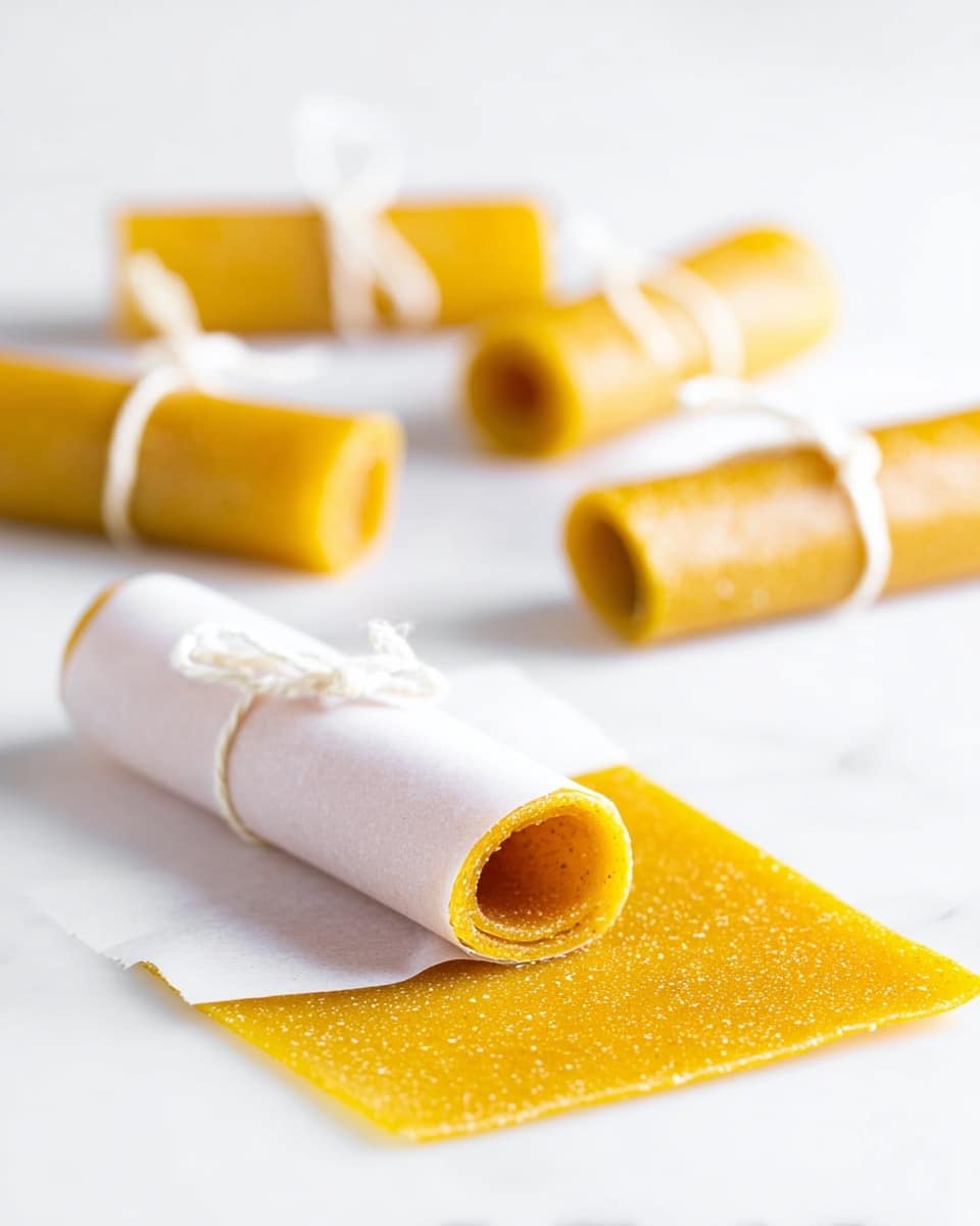 The image shows several rolls of golden yellow fruit leather with a smooth and slightly granular texture, each wrapped in white parchment paper and tied with white string. One roll is unwrapped and partly unrolled, revealing a flat, shiny sheet of fruit leather that is rich yellow with small specks, lying flat on a white marbled surface. The background is softly blurred with three more wrapped rolls scattered in the distance, giving a bright and clean look. photo taken with an iphone --ar 4:5 --v 7