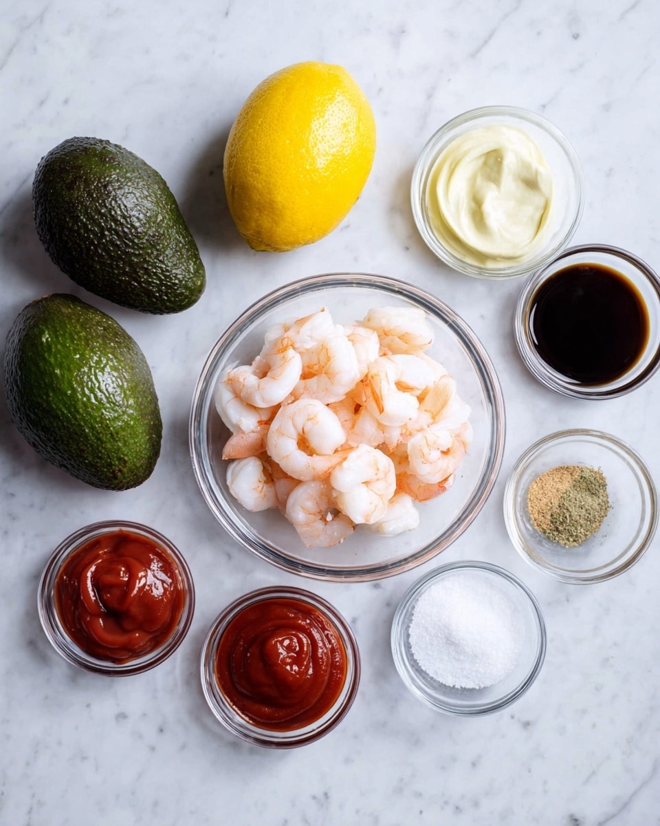A group of ingredients is arranged on a white marbled surface. In the center, a clear glass bowl holds about twenty cooked shrimp that are white with a hint of pink. To the left, two whole dark green avocados with rough skin are placed. Above the bowl, a bright yellow whole lemon adds a pop of color. Surrounding the main items, smaller clear glass bowls contain various condiments: one with a light creamy white sauce, another with thick red ketchup, a third with a darker reddish condiment, one with dark soy sauce, and the last with a mix of white salt and light brown ground spice. The photo taken with an iphone --ar 4:5 --v 7