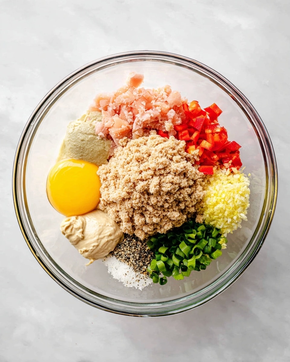 A clear glass bowl sits on a white marbled surface holding nine separate ingredients arranged neatly in layers. Starting from the bottom left and moving clockwise, there is a bright yellow raw egg yolk, finely chopped pink salmon, white powdery salt, coarse black pepper, creamy beige mustard, smooth white mayonnaise, chopped bright green scallions, finely diced red bell pepper, and a pale yellow mix of grated ginger and lemon zest. In the center rests a large mound of light brown oatmeal crumbs, textured and clumped together, forming the main base of the mix. Photo taken with an iphone --ar 4:5 --v 7