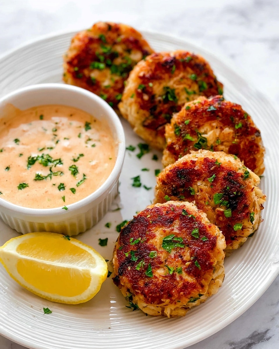 There are five round, golden-brown crab cakes placed in a curved line on a white plate with ridges, sprinkled with small green herb pieces on top. To the left side of the crab cakes, there is a small white ceramic bowl filled with creamy light orange dipping sauce, also sprinkled with green herbs. Below the bowl, on the plate, there is a quarter wedge of bright yellow lemon. The whole scene is set on a white marbled surface. photo taken with an iphone --ar 4:5 --v 7