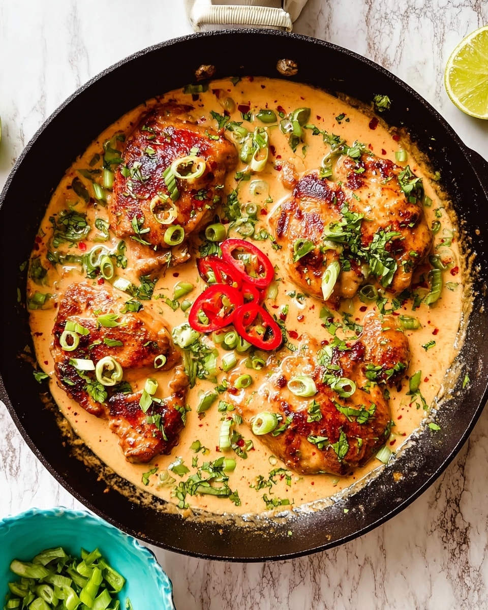 A black skillet sits on a white marbled textured surface, filled with four browned cooked chicken pieces in a creamy, light orange sauce. The sauce has a smooth texture and surrounds the chicken evenly. The chicken is garnished with bright green chopped herbs and sliced green onions scattered across each piece and around the skillet. In the center, there are a few red chili slices adding a pop of color. A small turquoise bowl with chopped green onions and a lemon wedge can be seen near the skillet. Photo taken with an iphone --ar 4:5 --v 7