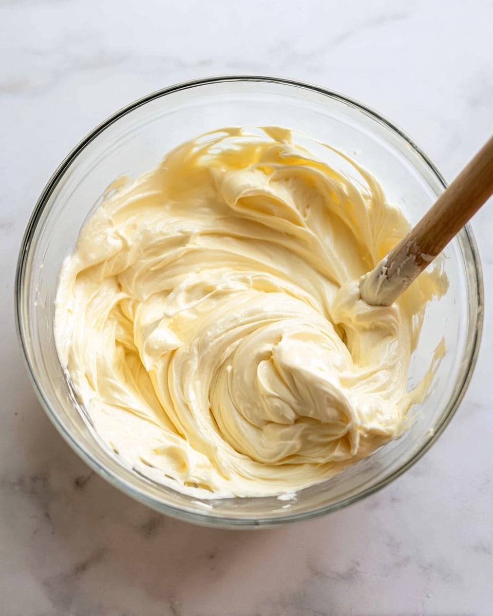 A clear glass bowl sits on a white marbled surface filled with a thick, creamy, pale yellow mixture. A wooden tool is partially dipped into the mixture, showing the smooth, soft texture with gentle swirls and folds. The scene focuses closely on the bowl’s contents with no other layers or colors visible. Photo taken with an iphone --ar 4:5 --v 7