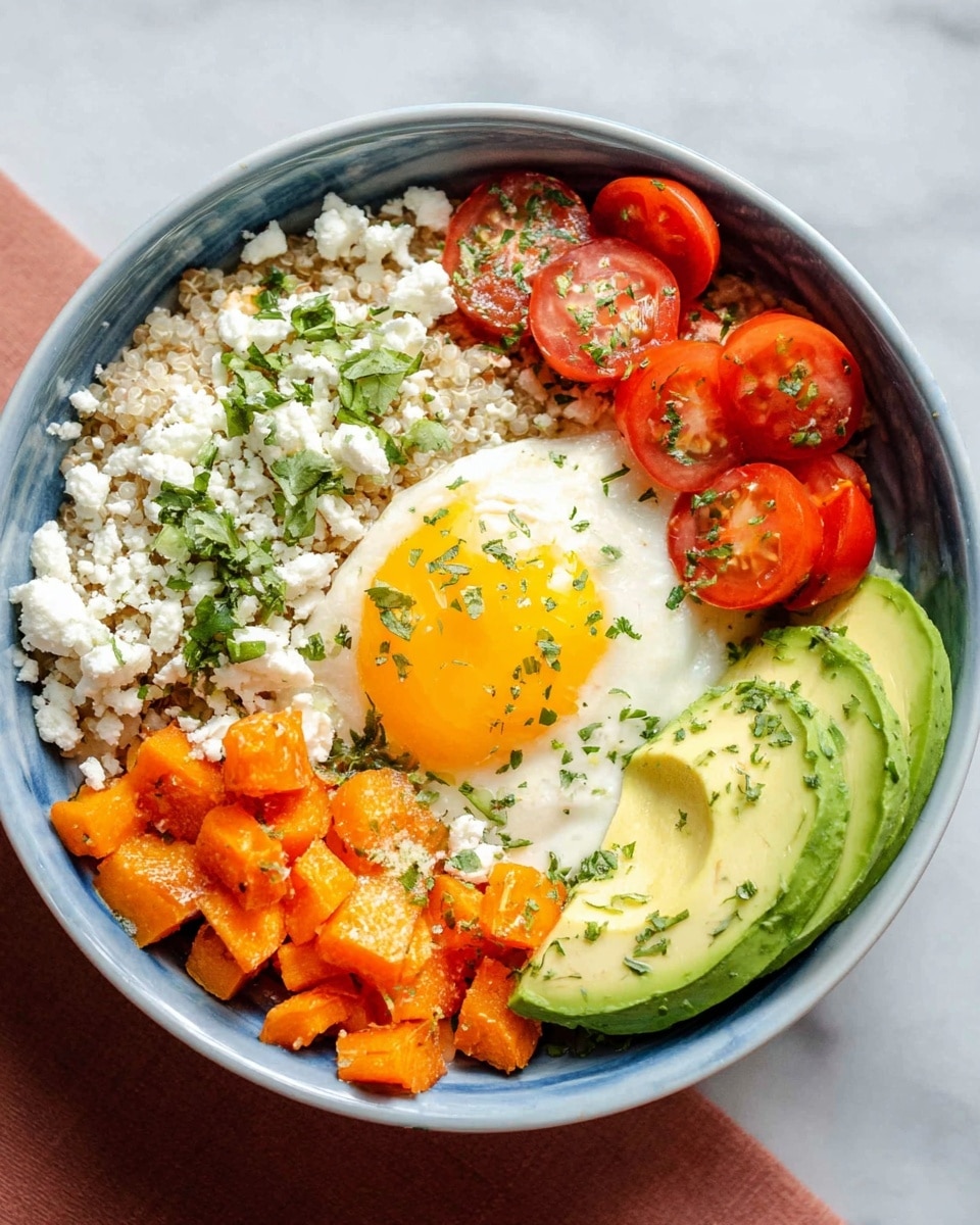 A round white bowl on a white marbled surface holds a neatly arranged dish with five main parts: on the left side, there is a creamy light beige grain base, topped with crumbled white cheese and small green herb leaves. Below the cheese, there are bright orange cubed vegetables sprinkled with herbs. To the top middle, a pile of halved small red cherry tomatoes shows a juicy texture inside. On the right side, there are three light green sliced avocado pieces sprinkled with green herbs, slightly overlapping a sunny-side-up egg with a bright yellow yolk and smooth white edges. The dish is vibrant and fresh with a balanced mix of colors and textures, photo taken with an iphone --ar 4:5 --v 7