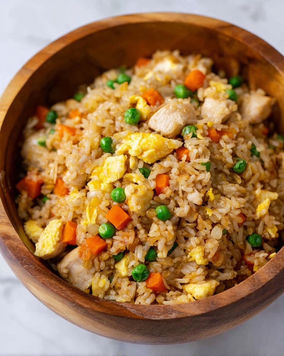 A close-up view of a wooden bowl filled with fried rice showing multiple layers and textures: the base layer is light brown fried rice grains mixed throughout with small, bright orange carrot cubes and vivid green peas scattered evenly across. Interspersed are soft, yellow scrambled egg pieces, adding a fluffy texture, as well as light-colored cooked chicken chunks that add a slight contrast. The bowl sits on a white marbled surface, highlighting the colors of the fried rice inside, photo taken with an iphone --ar 4:5 --v 7
