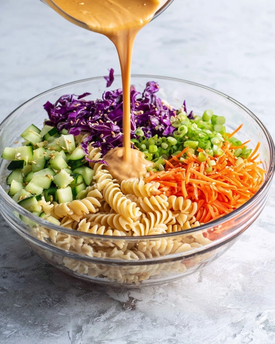 A clear glass bowl sits on a white marbled surface, filled with layers of food: spiral pasta at the bottom with a beige color and smooth texture, chopped purple cabbage on the left side with a rough, leafy texture, diced green cucumber pieces above the cabbage with a fresh shiny look, shredded orange carrots on the top right with thin stick shapes, and chopped green onions on the far right with small round pieces. A creamy orange sauce is being poured into the center, flowing over the pasta and vegetables. photo taken with an iphone --ar 4:5 --v 7