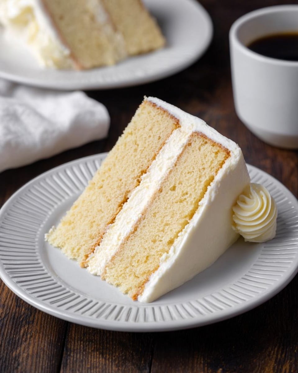 A slice of two-layer vanilla cake sits on a white plate with a ridged edge. The cake has light yellow sponge layers with a creamy white frosting layer in the middle, and the outside is fully coated with smooth, white frosting. A small swirl of white frosting decorates the side near the bottom edge. The plate is placed on a dark wooden textured surface with part of another similar white plate and a cup of black coffee visible in the background, along with a white cloth. Photo taken with an iphone --ar 4:5 --v 7