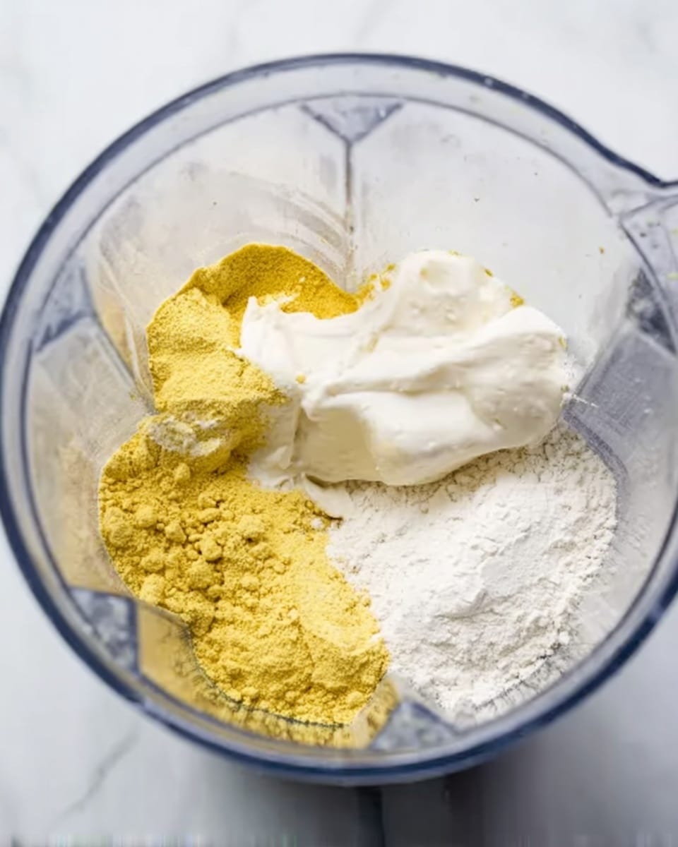 The image shows the inside of a clear blender jar containing three main ingredients in separate piles. At the bottom, there is a pile of yellow powder with a dry, crumbly texture, slightly off to the left. Next to it on the right is a mound of white powdery substance, smooth and fine. On top of both powders, there is a dollop of white creamy material with a soft and smooth texture. The blender jar sits on a white marbled surface. photo taken with an iphone --ar 4:5 --v 7