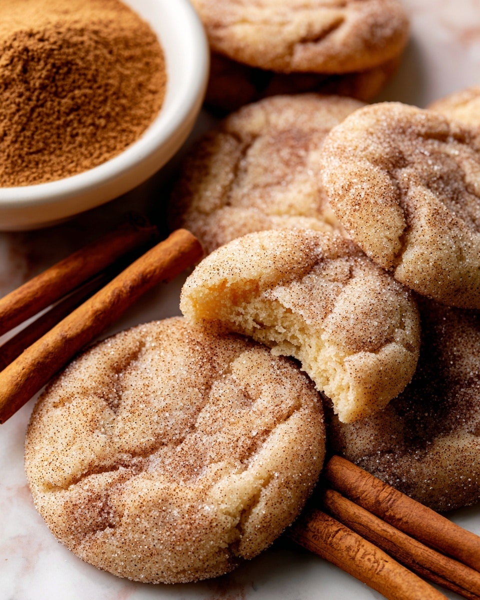 A group of round cookies covered with a layer of sugar and cinnamon crystals, each cookie showing a soft, crinkled texture with irregular patterns on top. One cookie in the front has a bite taken out, revealing the light tan crumb inside. Nearby, smooth cinnamon sticks with a warm brown color are placed around the cookies. To the left, a white bowl filled with a mix of cinnamon and sugar powder adds a fine grainy texture. All items rest on a white marbled surface. photo taken with an iphone --ar 4:5 --v 7