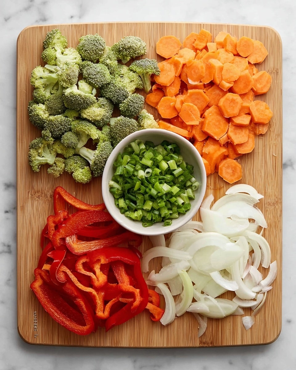 A light brown cutting board placed on a white marbled surface holds four sections of chopped vegetables: in the top left are small green broccoli florets with rough textures, the top right has round, bright orange carrot slices, the bottom left holds long, thin slices of red bell pepper with smooth, shiny surfaces, and the bottom right shows white onion slices shaped like rings with a translucent look. In the center of the cutting board is a white bowl filled with chopped green scallions. photo taken with an iphone --ar 4:5 --v 7