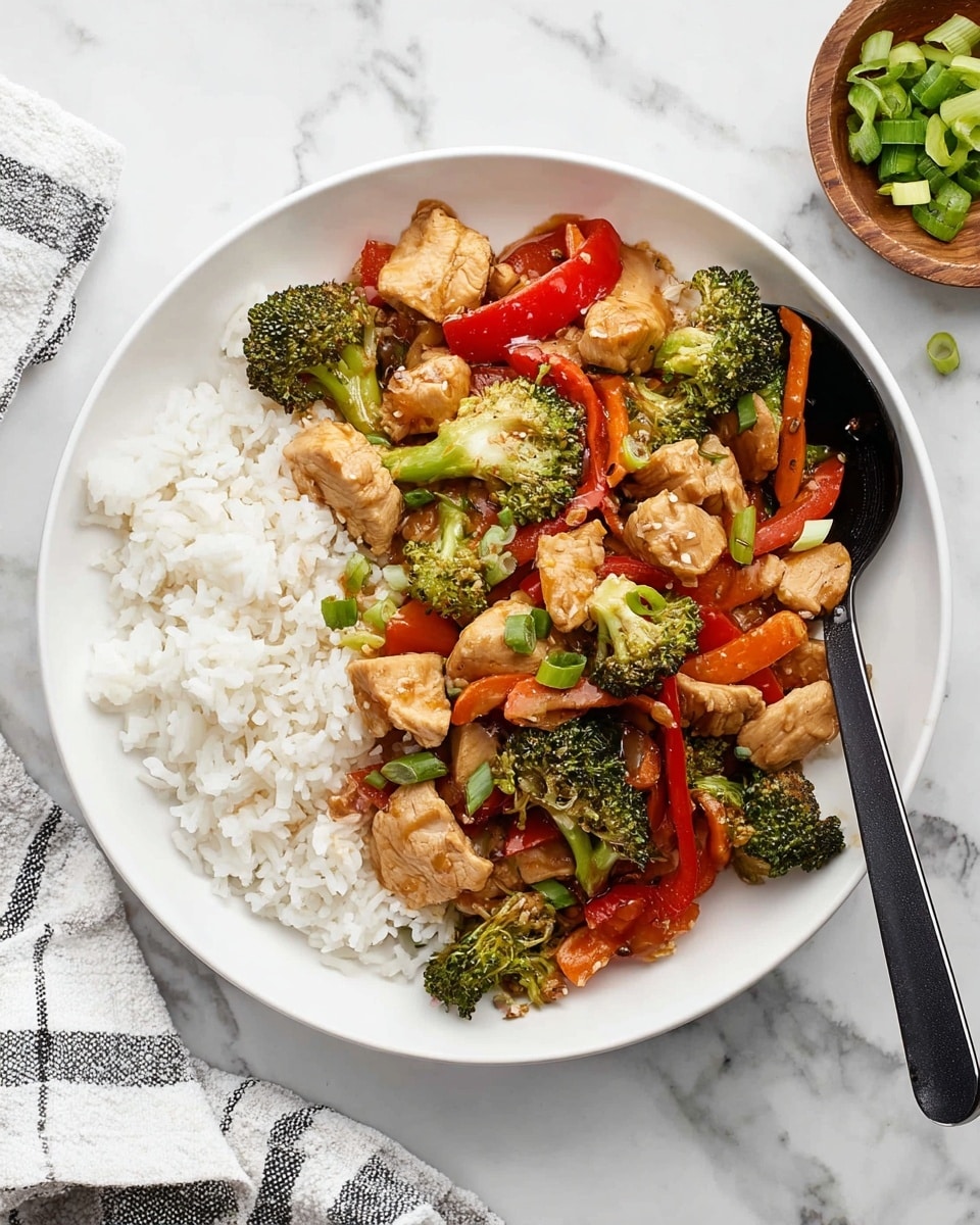 A white plate holds a dish layered with white rice covering half the plate. On top of the rice and partly beside it is a colorful stir-fry with chunks of light brown cooked chicken, bright green broccoli florets, thin orange carrot slices, and red bell pepper strips. The vegetables and chicken are mixed with a glossy sauce that adds a slight shine. Small bits of green onion are sprinkled on the stir-fry, adding a fresh touch. A black spoon rests on the right side of the plate, partially inside the dish. The plate is set on a white marbled surface, with a white and black striped cloth nearby and a small wooden bowl of chopped green onions at the top right corner. Photo taken with an iphone --ar 4:5 --v 7