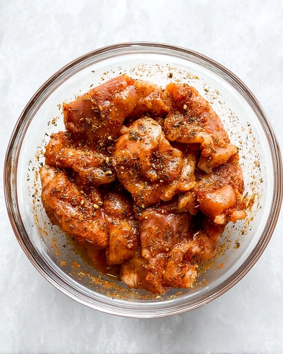 A clear glass bowl filled with several pieces of raw chicken thighs coated in a reddish-brown spice mix with visible seasoning like herbs and pepper, sitting on a white marbled surface. The chicken pieces show a mix of smooth and slightly rough textures from the spice rub, with some areas appearing shiny from oil or marinade. The bowl is centered in the frame without any other objects around it. photo taken with an iphone --ar 4:5 --v 7