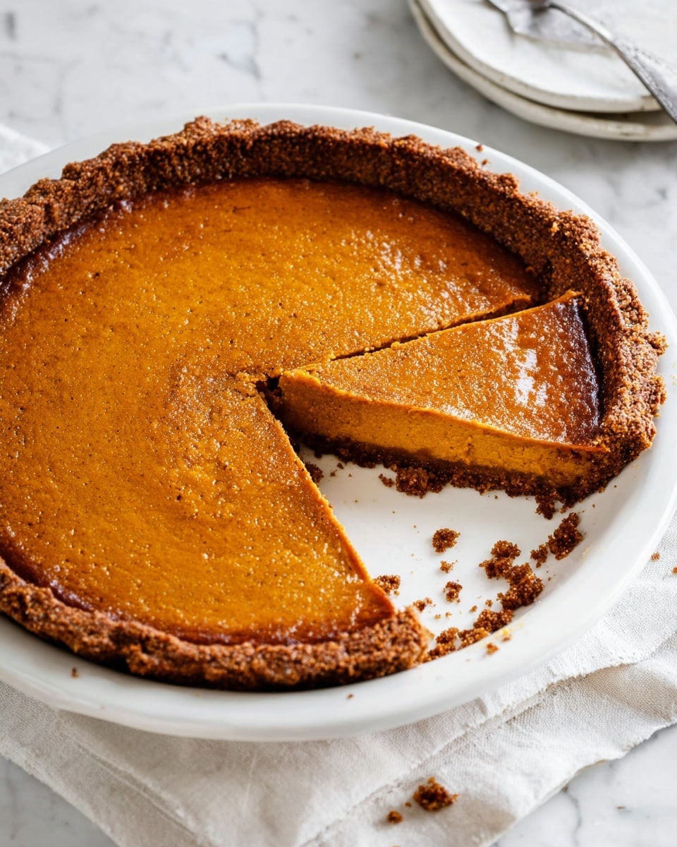 A round pumpkin pie is shown with one slice missing, revealing its smooth orange filling with a slightly cracked surface. The pie has a thick, darker brown crust that is crisp and uneven around the edges. The slice taken out highlights the crumbly texture of the crust, with some crumbs scattered on the white plate beneath. The plate sits on a white marbled surface with a light cloth nearby. The lighting is soft, emphasizing the pie’s baked texture and warm color. Photo taken with an iphone --ar 4:5 --v 7
