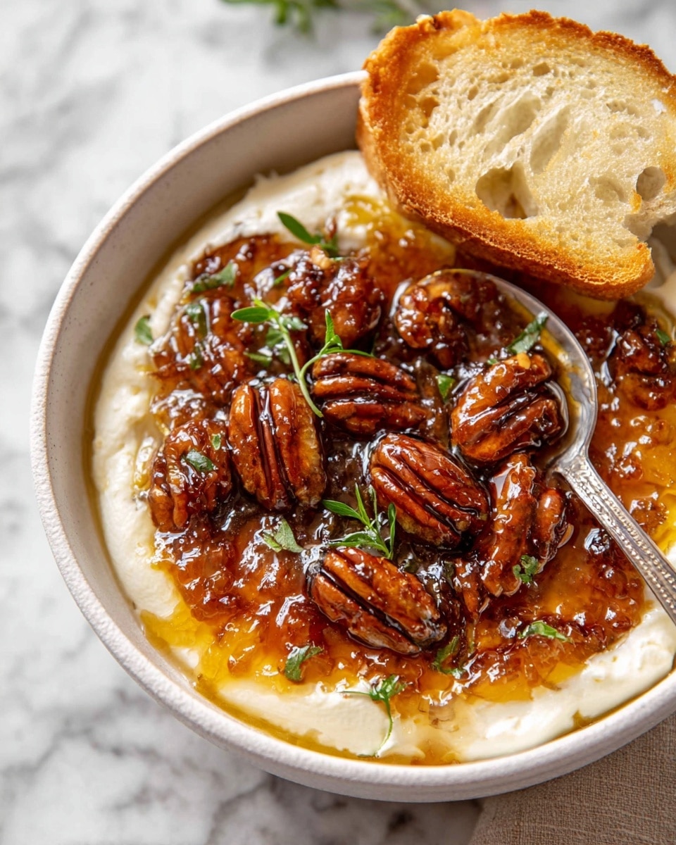 A white bowl filled with a creamy white soft cheese base at the bottom, topped with a shiny amber-colored jelly layer that has whole caramelized pecans sitting in it. Small green herb leaves are scattered on top of the pecans and jelly. A silver spoon rests inside the bowl, and a piece of toasted bread with a golden-brown crust and light interior sits next to the bowl on a white marbled surface. photo taken with an iphone --ar 4:5 --v 7