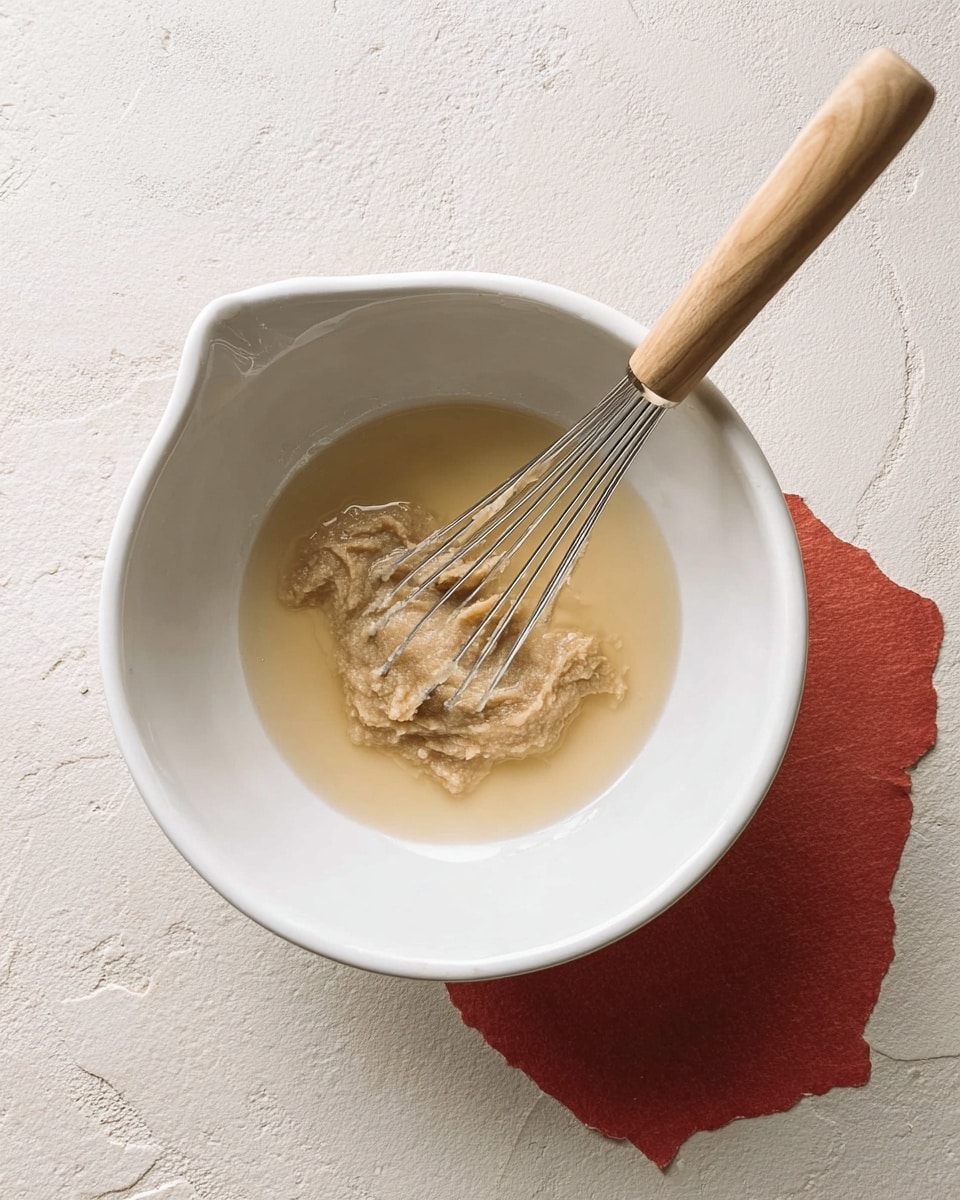 A white bowl placed on a white marbled surface with a torn piece of rough-textured red paper under it. Inside the bowl, there is light brown thick paste sitting on top of a small amount of clear, pale yellow liquid. A small whisk with a light wooden handle and metal wires leans inside the bowl, touching the paste. The scene is simple with natural lighting, focusing on the textures of the paste and the whisk. Photo taken with an iphone --ar 4:5 --v 7