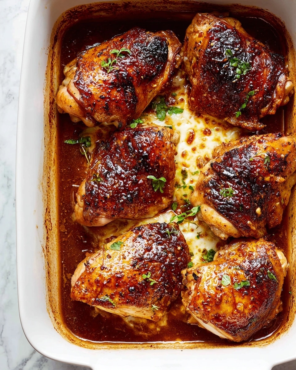 A white rectangular baking dish holds five golden brown cooked chicken pieces arranged close to each other, with crispy skin showing dark grill marks and light areas where melted cheese has spread. The dish is filled partially with a thick brown sauce that pools at the bottom and clings to the edges of the chicken. Small green herb leaves are scattered on top, adding a fresh touch to the rich colors. The background is a white marbled surface. photo taken with an iphone --ar 4:5 --v 7