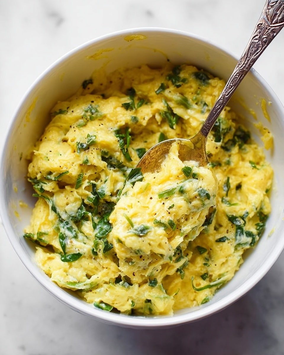 A white bowl filled with creamy yellow scrambled eggs mixed with green leafy vegetables. The texture is soft and slightly chunky, with visible small pieces of herbs spread evenly throughout. A silver spoon with an ornate handle is dipped into the eggs, lifting a portion above the bowl. The background is a white marbled surface. Photo taken with an iphone --ar 4:5 --v 7