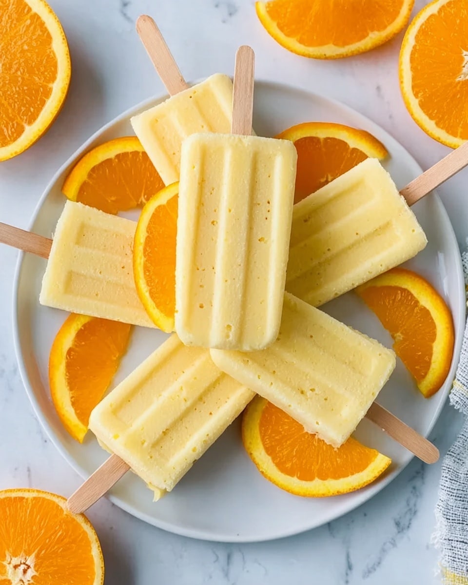 The image shows a white round plate on a white marbled surface. On the plate are six pale yellow popsicles, smooth in texture with small dots inside, arranged in a star shape with wooden sticks pointing outward. Bright orange slices with a fresh, juicy look are placed between the popsicles, adding a bright contrast of color. The overall look is fresh, cool, and inviting. Photo taken with an iphone --ar 4:5 --v 7